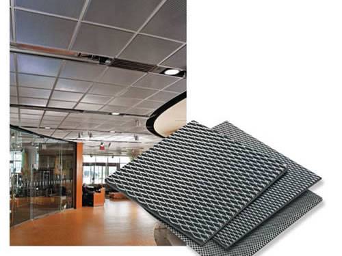 Expanded metal ceiling is used in office building and lower right corner shows kinds of expanded metal ceiling tiles.
